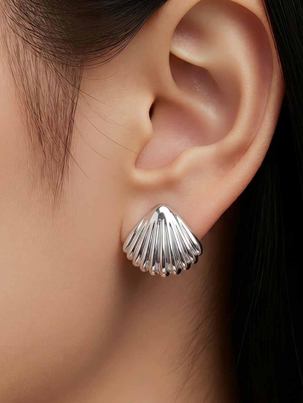 Silver Seashell Stud Earrings Clam Shell Coastal Beach Ocean Jewelry Vacation